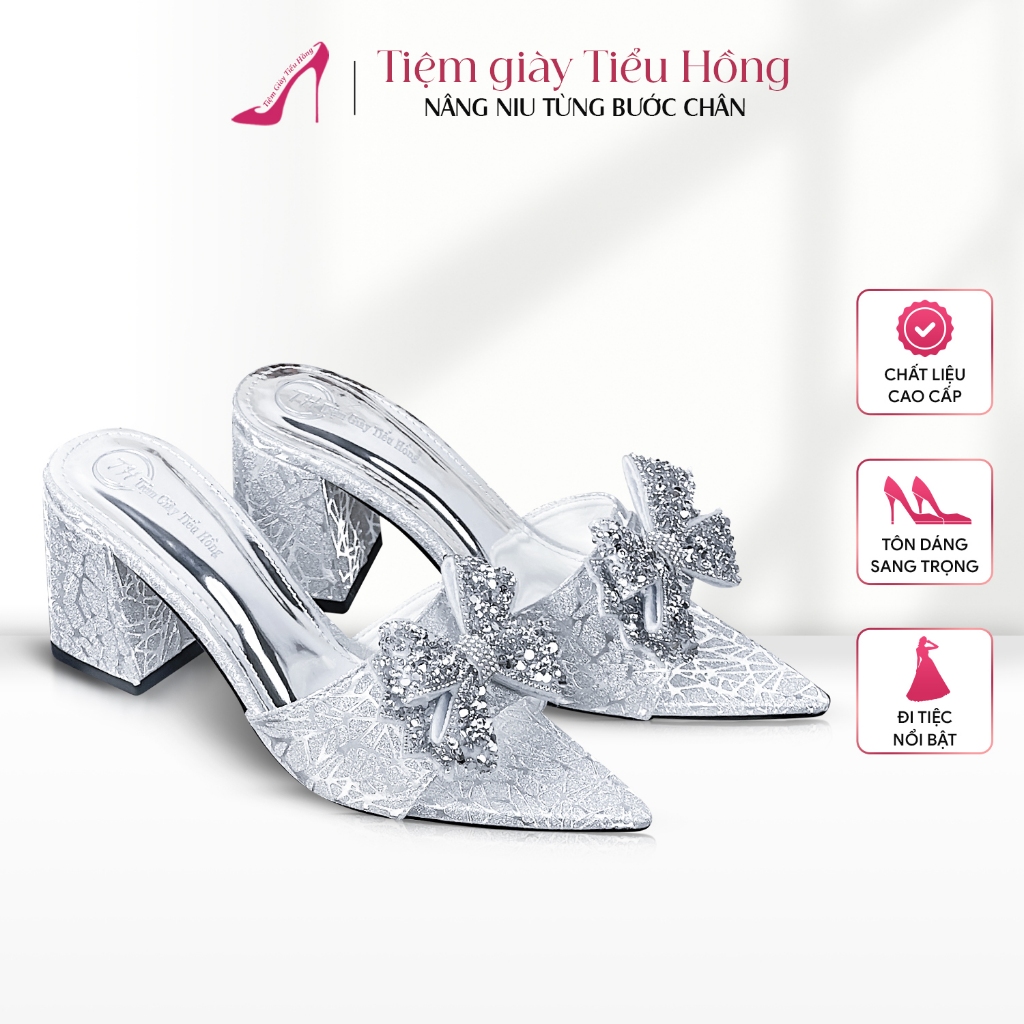 Giày Cao Gót Kim Tuyến Vân Mềm Nơ Cánh Tiên Cao Gót Sandal Mũi Nhọn Tiệm Giày Tiểu Hồng 5-7-9cm TH41