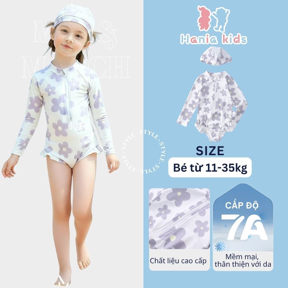 [ TẶNG MŨ] Đồ Bơi Bé Gái, Bộ Đồ Bơi Bé Gái Dài Tay Họa Tiết Hoa Nổi Bật Chất Liệu Co Giãn 4 Chiều