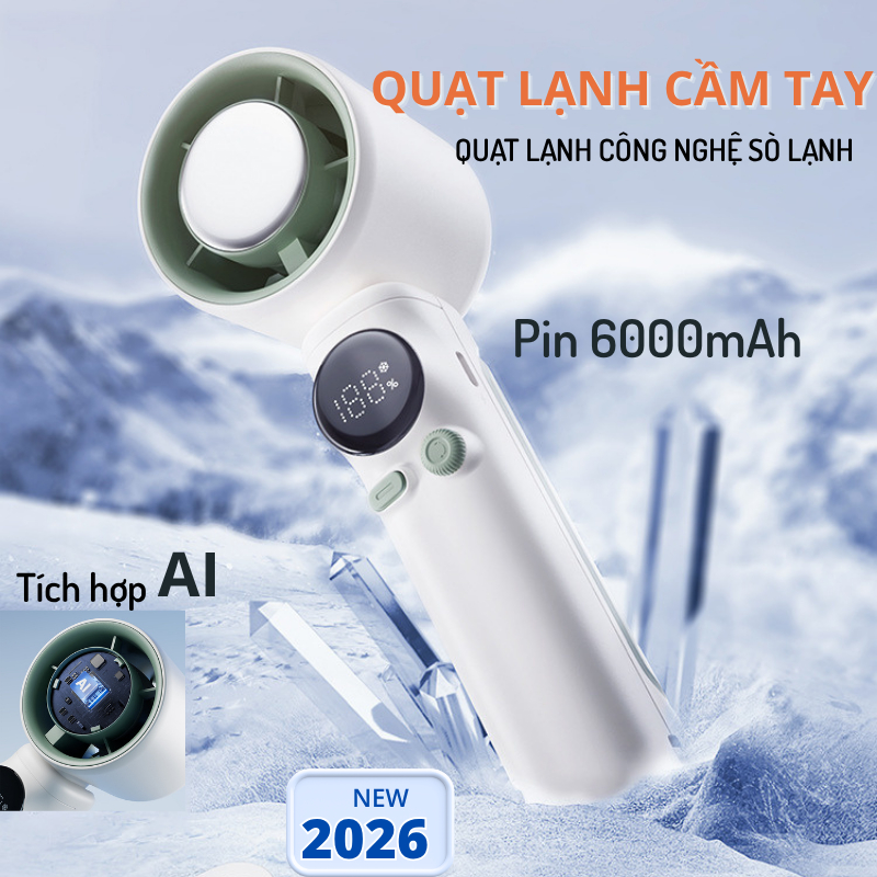 Quạt cầm tay băng lạnh có Sò lạnh quạt Turbo 100 tốc độ gió màn hình LED 4000mah có thể sạc lại không ồn