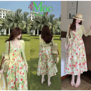 Đầm váy dài, đầm thiết kế đi biển, set dáng dài xoè Mango có mút in hoa 3D kèm khoác Thun Giấy