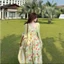 Đầm váy dài, đầm thiết kế đi biển, set dáng dài xoè Mango có mút in hoa 3D kèm khoác Thun Giấy