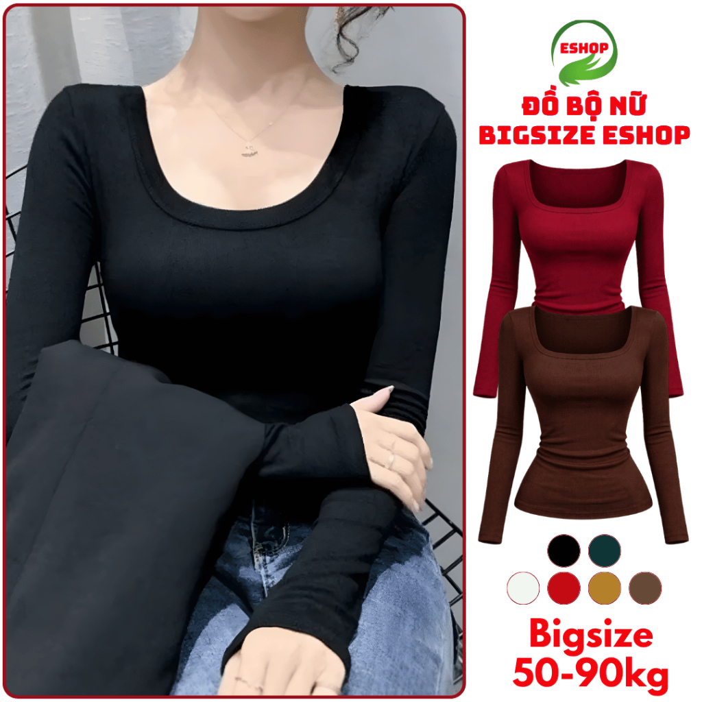 Áo Thun Nữ Tay Dài Cổ Vuông Bigsize ESHOP Áo Dài Tay Nữ Cổ V Trơn Đẹp Dáng Ôm Xinh Dễ Thương MS3003