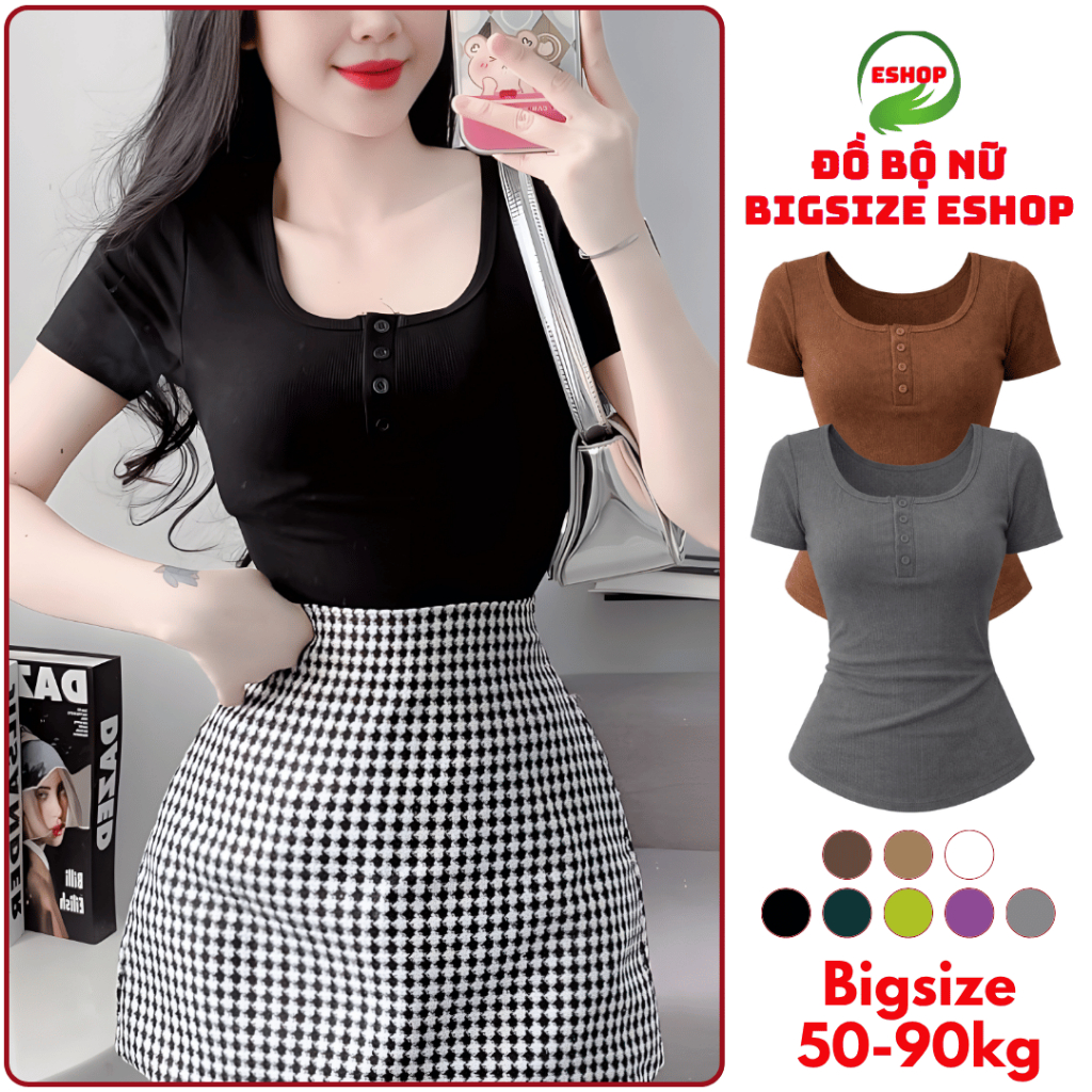 Áo Thun Nữ Tay Ngắn Bigsize - Áo Kiểu Nữ Cổ Vuông Có Nút ESHOP Chất Thun Tăm Lạnh Thoáng Mát MS201