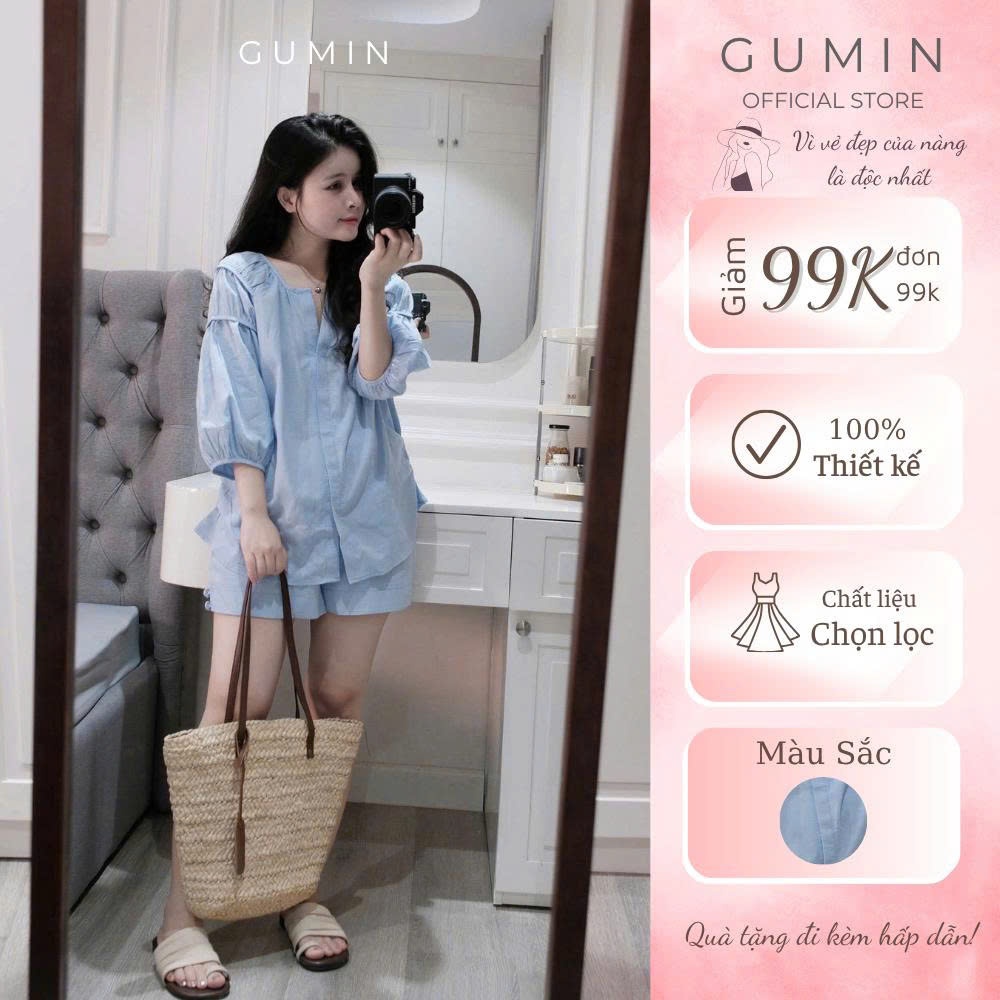 Set bộ đũi GUMIN thiết kế áo cổ vuông vai tay lỡ kèm quần sooc sang chảnh, set bộ đi biển thanh lịch tiểu thư