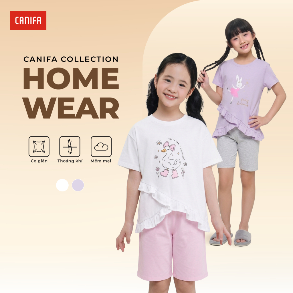 Bộ quần áo bé gái CANIFA áo thun cộc tay phối bèo quần short lửng có hình in 1LS26S004