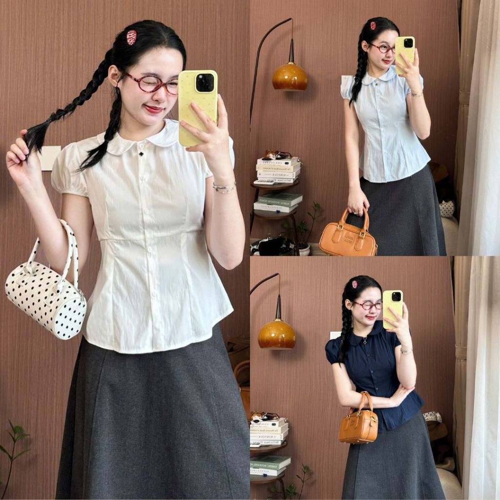 Áo sơ mi nữ cổ Peter Pan dáng ôm eo tay phồng tiểu thư Hàn Quốc Joolate SM250