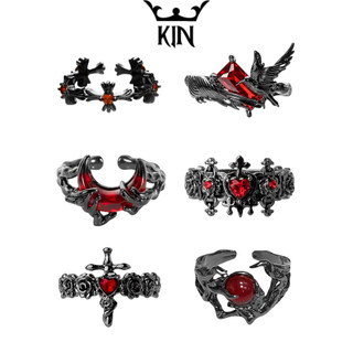 Nhẫn Gothic Đen Đính Đá Đỏ Hình Thánh Giá & Trăng Khuyết – Nhẫn Nam Nữ Unisex Darkwear Cá Tính, Nhẫn Retro Cool Ngầu KIN