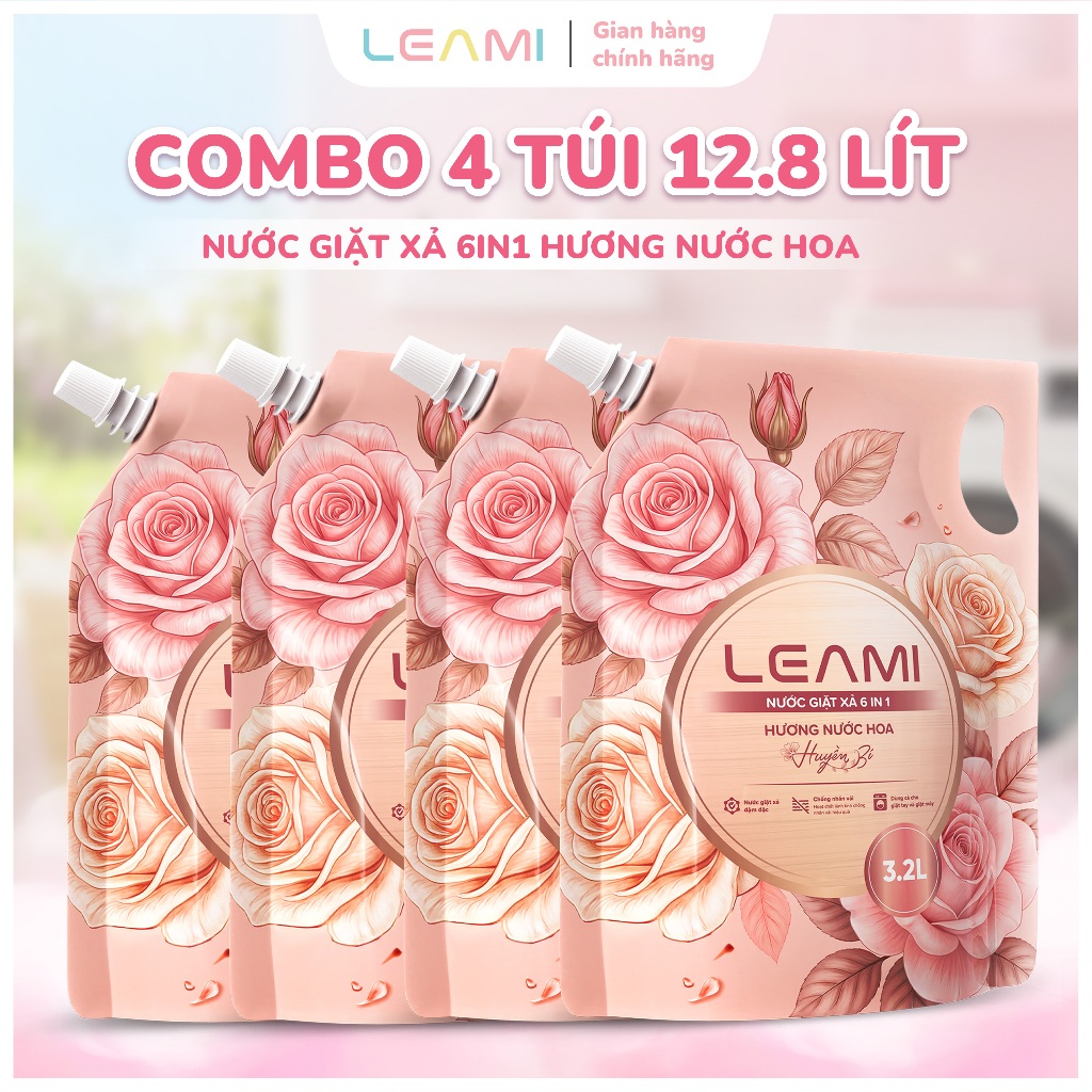 [THÙNG 4 TÚI] Nước Giặt Xả Cao Cấp LEAMI 3.2L/Túi - Công Thức Cải Tiến, Lưu Hương Đa Điểm, Hương Nước Hoa Huyền Bí