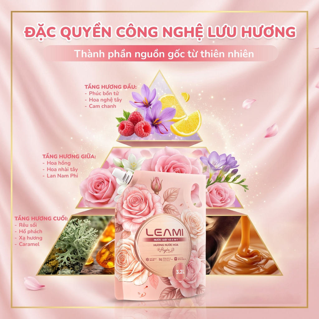 [THÙNG 4 TÚI] Nước Giặt Xả Cao Cấp LEAMI 3.2L/Túi - Công Thức Cải Tiến, Lưu Hương Đa Điểm, Hương Nước Hoa Huyền Bí