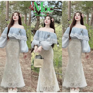 Set váy dài, set nàng thơ Váy Ren hoa đuôi cá 2 lớp + áo Voan phối ren trễ vai phụ kiện hoa trà