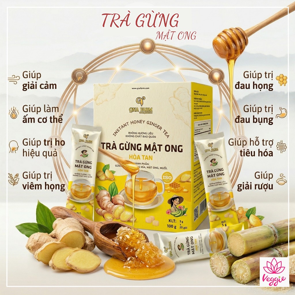 Trà gừng mật ong hòa tan QNA 60g (12 gói nhỏ/ hộp) - hỗ trợ tiêu hóa, giảm viêm họng làm ấm cơ thể