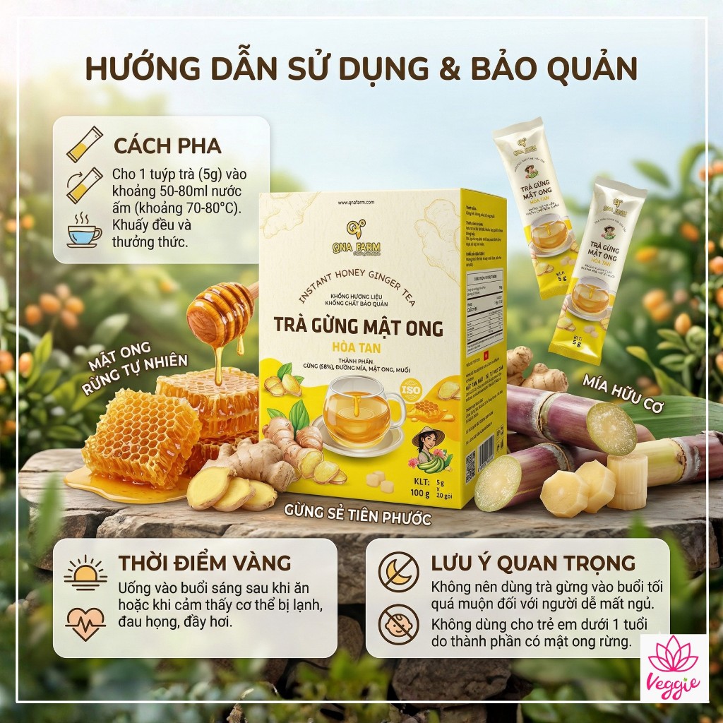 Trà gừng mật ong hòa tan QNA 60g (12 gói nhỏ/ hộp) - hỗ trợ tiêu hóa, giảm viêm họng làm ấm cơ thể