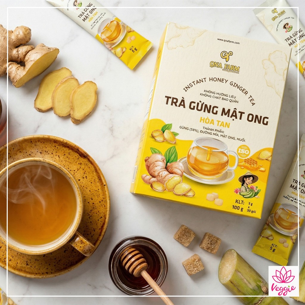 Trà gừng mật ong hòa tan QNA 60g (12 gói nhỏ/ hộp) - hỗ trợ tiêu hóa, giảm viêm họng làm ấm cơ thể