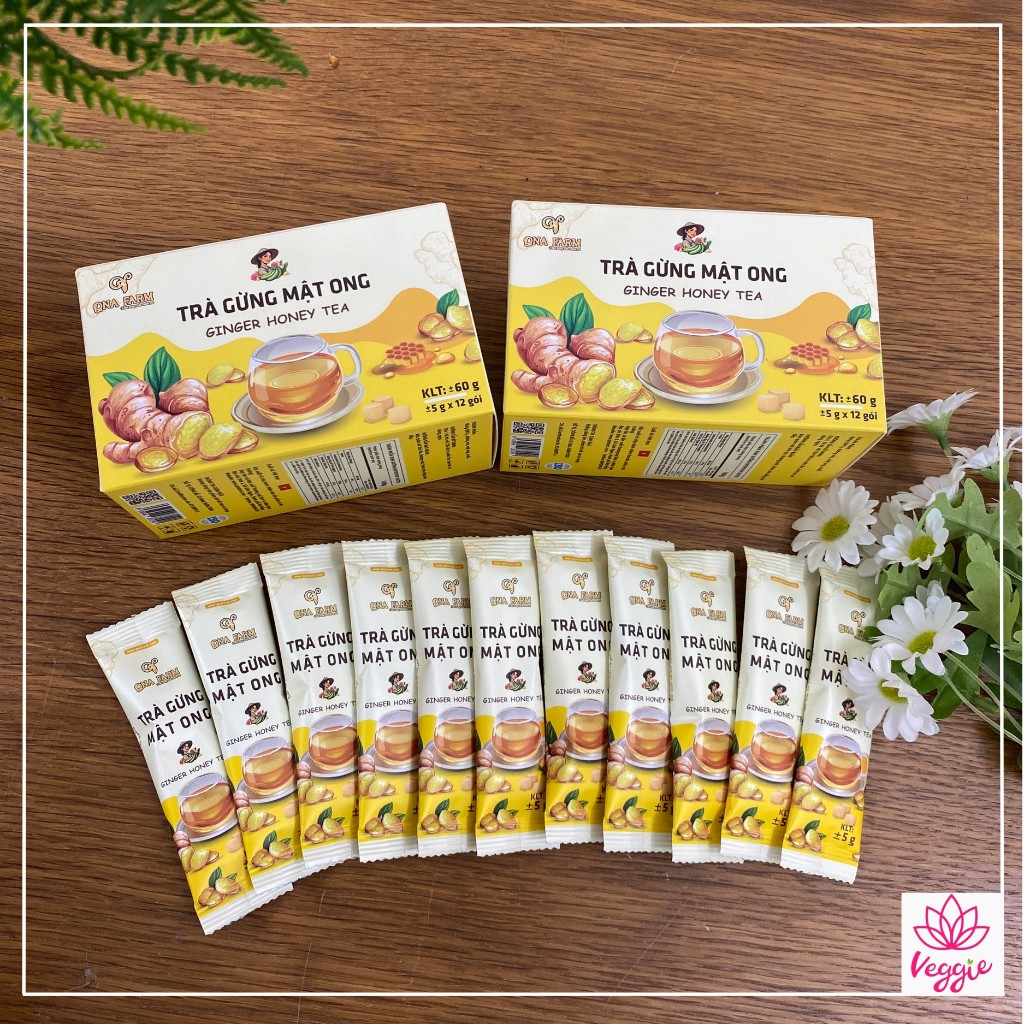 Trà gừng mật ong hòa tan QNA 60g (12 gói nhỏ/ hộp) - hỗ trợ tiêu hóa, giảm viêm họng làm ấm cơ thể