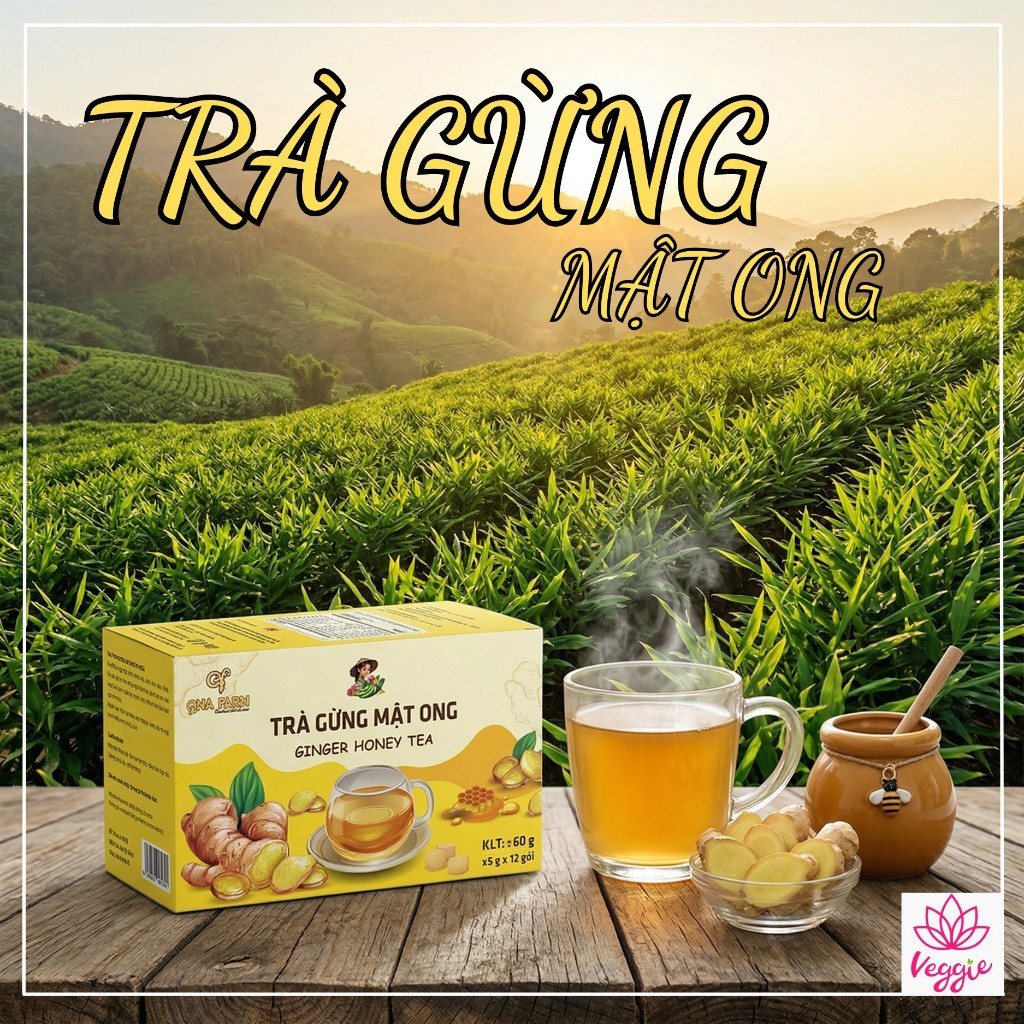 Trà gừng mật ong hòa tan QNA 60g (12 gói nhỏ/ hộp) - hỗ trợ tiêu hóa, giảm viêm họng làm ấm cơ thể