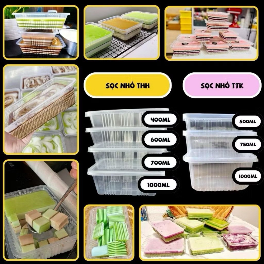 Combo 50/20/10 hộp nhựa chữ nhật sọc size 400/600/700/1000ml kèm nắp chịu nhiệt tốt đổ rau câu ngàn lớp