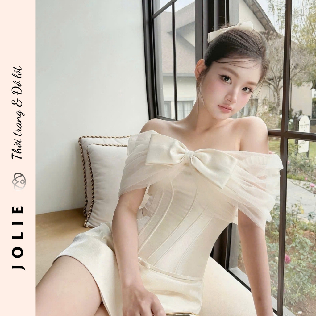 Váy Trễ Vai Phối Nơ Ngực Thiết Kế Dáng Xòe Tiểu Thư - JOLIE