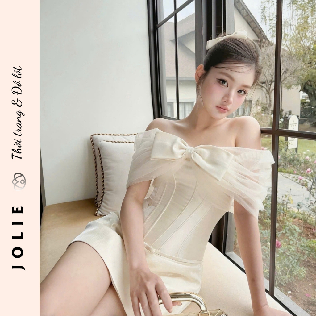 Váy Trễ Vai Phối Nơ Ngực Thiết Kế Dáng Xòe Tiểu Thư - JOLIE