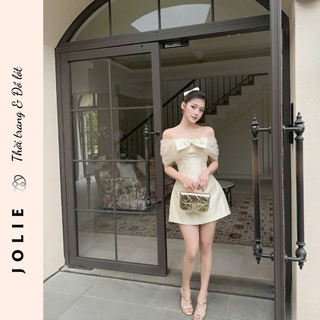 Váy Trễ Vai Phối Nơ Ngực Thiết Kế Dáng Xòe Tiểu Thư - JOLIE