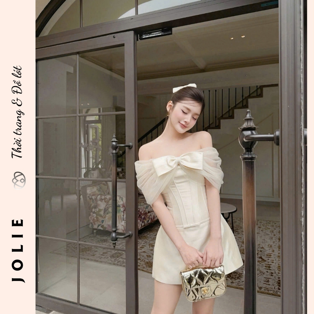 Váy Trễ Vai Phối Nơ Ngực Thiết Kế Dáng Xòe Tiểu Thư - JOLIE