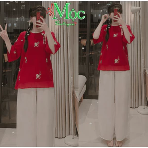 Set đồ lam, đi chùa mặc Tết áo Tơ thêu hoa nút bọc đính nơ kèm quần Tuyết Nhung