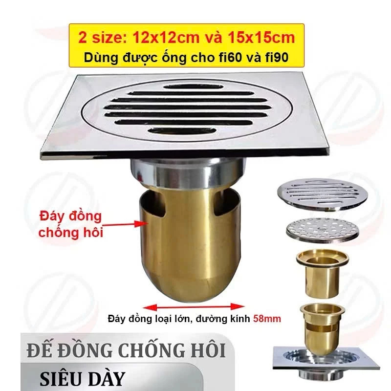 Hố Ga Thoát Sàn Ngăn Mùi Đuôi Đồng Mặt Dầy 4Ly Cao Cấp Siêu Thoát Nước Chống Côn Trùng Ngăn Mùi Tuyệt Đối