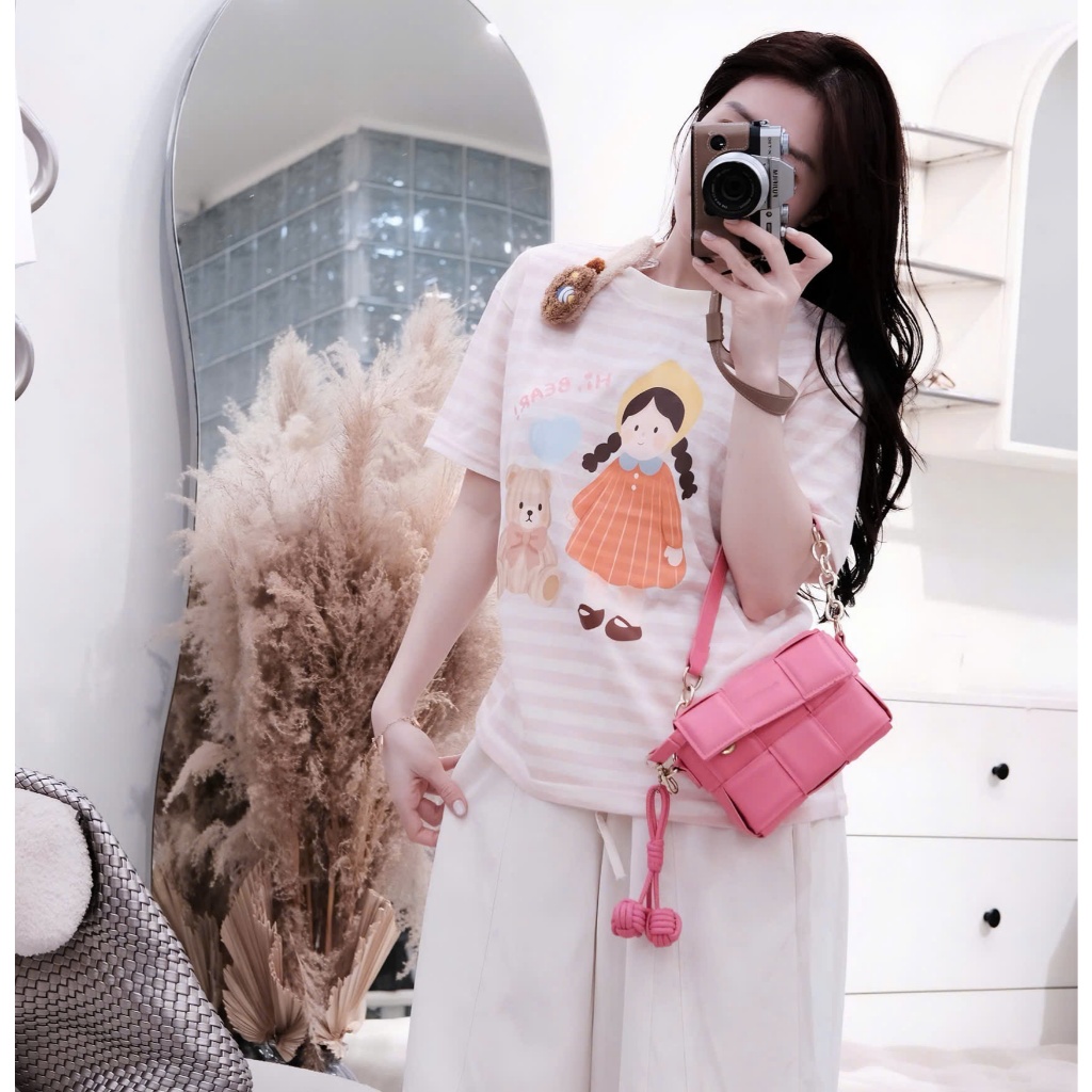 Bộ Đồ Mặc Nhà Nữ Áo Kẻ In Hình Dễ Thương Phối Quần Dài Ống Rộng Mềm Mát Thoải Mái