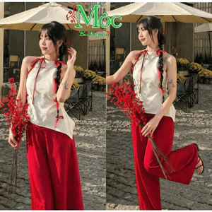 Set đồ lam, đồ cách tân mặc Tết, áo cổ tàu Gấm Hoa cột ruy băng + quần cotton lạnh dài ống rộng