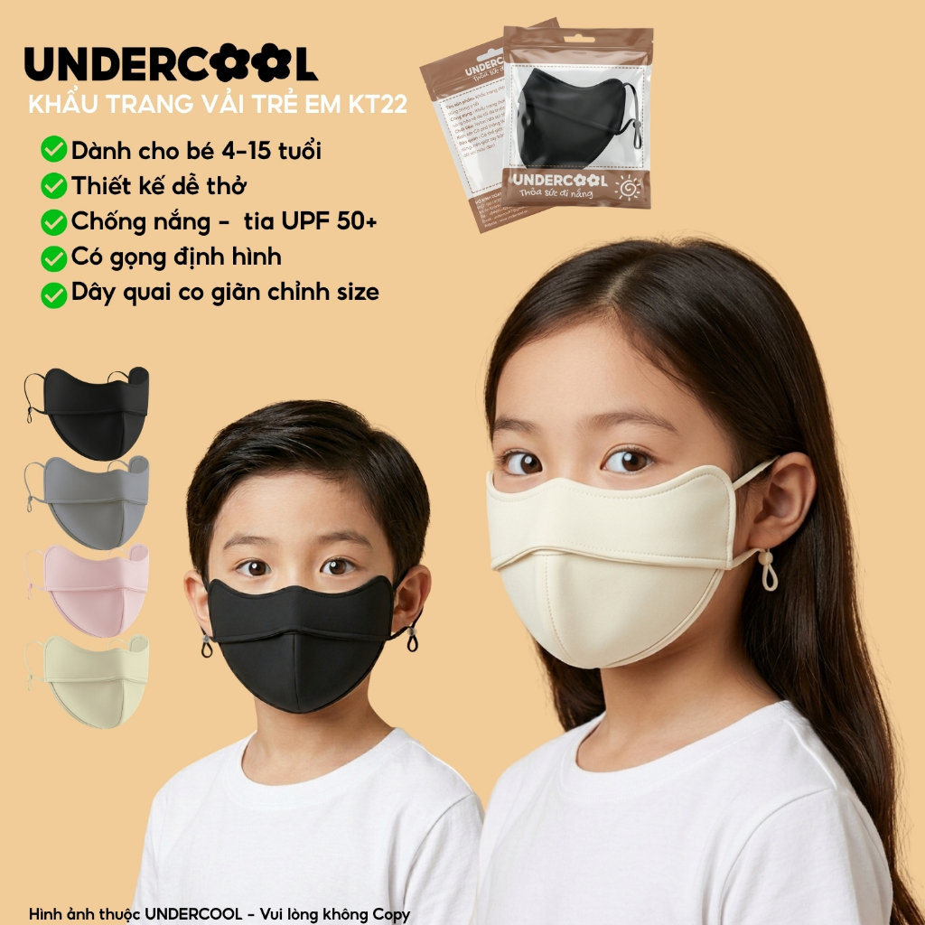 Khẩu Trang Vải Chống Nắng Trẻ Em UNDERCOOL Chống Nắng UPF 50+, Có Gọng Định Hình Thoáng Khí Cho Bé Từ 4-15 Tuổi KT22