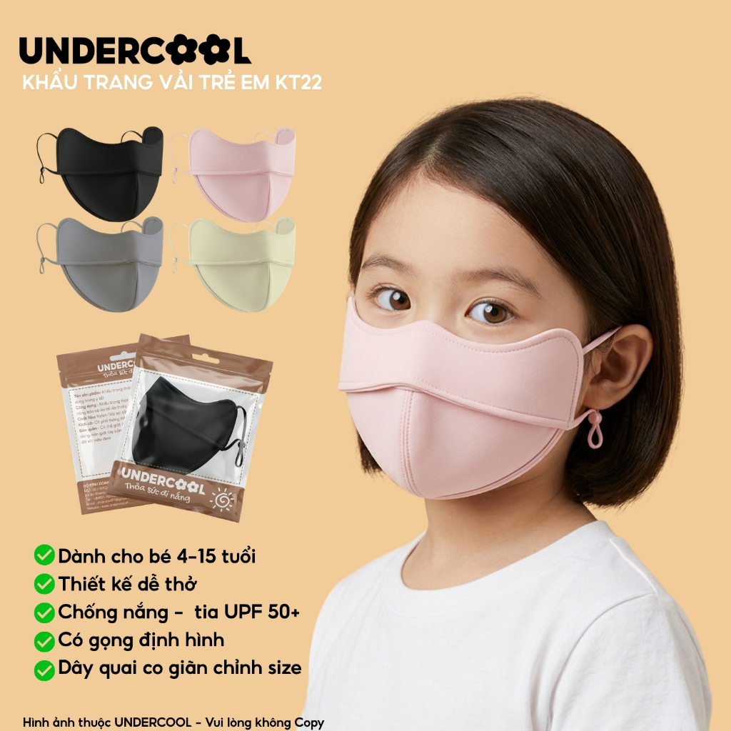 Khẩu Trang Vải Chống Nắng Trẻ Em UNDERCOOL Chống Nắng UPF 50+, Có Gọng Định Hình Thoáng Khí Cho Bé Từ 4-15 Tuổi KT22