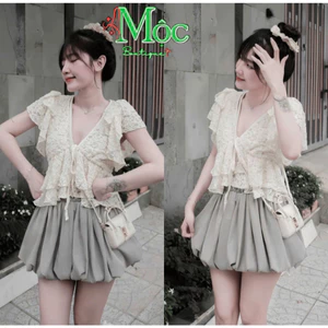QC_ Set váy ngắn, đồ nữ mặc hè đi biển áo Ren có mút ngực + chân váy bí có lót quần Gió Nhăn