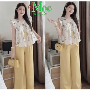 Set công sở, set thiết kế mặc hè áo in hoa tay cánh tiên nhún ngực phối bèo kèm quần Đũi rộng xinh