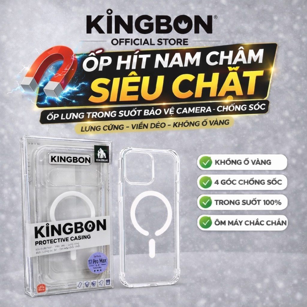 ỐP Lưng iPhone KiNGBON Hỗ Trợ SẠc Không dây Lưng Cứng Viền Dẻo  cho 12 Đến 17 Pro Max