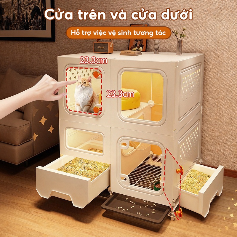 Lồng mèo nhiều tầng, lồng mèo gấp gọn, lồng mèo bằng nhựa có ngăn chứa đồ, cho mèo ngủ và chơi.