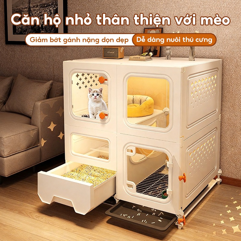Lồng mèo nhiều tầng, lồng mèo gấp gọn, lồng mèo bằng nhựa có ngăn chứa đồ, cho mèo ngủ và chơi.