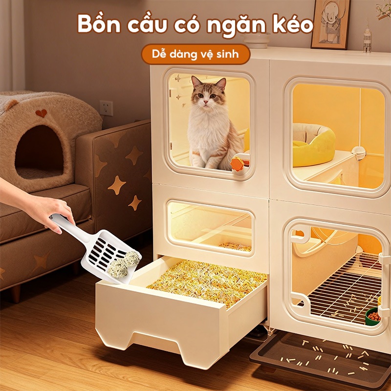 Lồng mèo nhiều tầng, lồng mèo gấp gọn, lồng mèo bằng nhựa có ngăn chứa đồ, cho mèo ngủ và chơi.