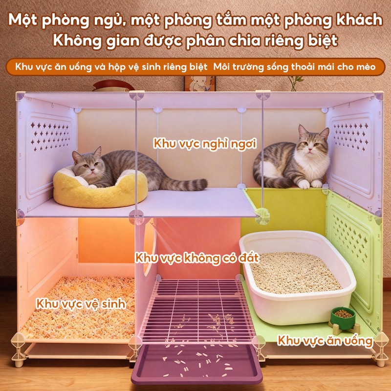 Lồng mèo nhiều tầng, lồng mèo gấp gọn, lồng mèo bằng nhựa có ngăn chứa đồ, cho mèo ngủ và chơi.
