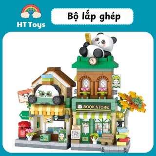 Bộ đồ chơi lắp ráp mô hình gấu trúc nhỏ, quán cà phê, quán trà, cảnh đường phố, đồ chơi giáo dục cho trẻ em HT Toys
