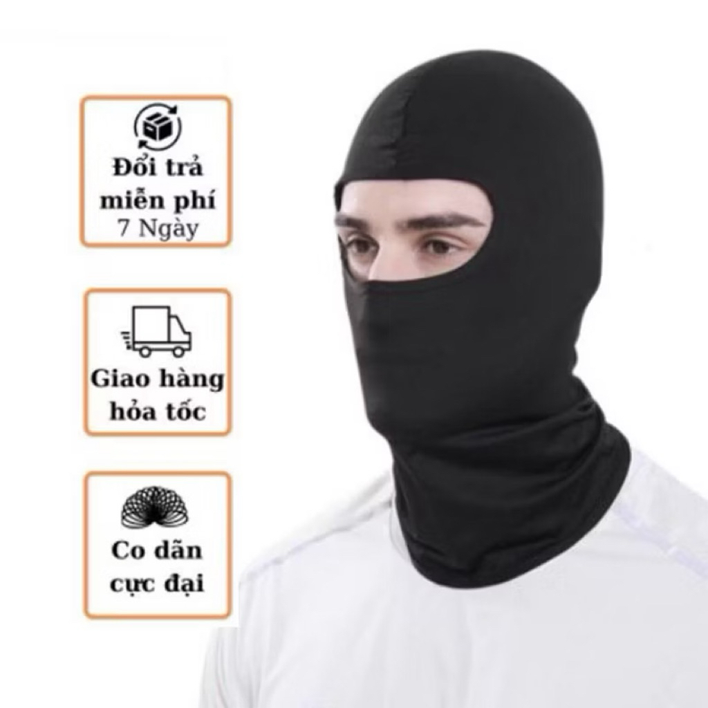 Khăn trùm đầu ninja thun màu đen chống nắng che kín cổ, vải thun co giãn thấm hút thoáng khí phù hợp lái xe đi phượt