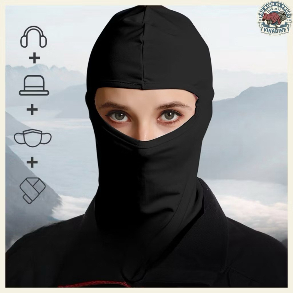 Khăn trùm đầu ninja thun màu đen chống nắng che kín cổ, vải thun co giãn thấm hút thoáng khí phù hợp lái xe đi phượt
