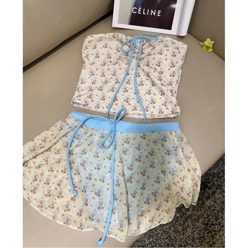 [CÓ SẴN] Set Bikini thun GẤU NHỎ Dáng Ôm có mút phối váy đi biển xinh xắn [BKN T01]
