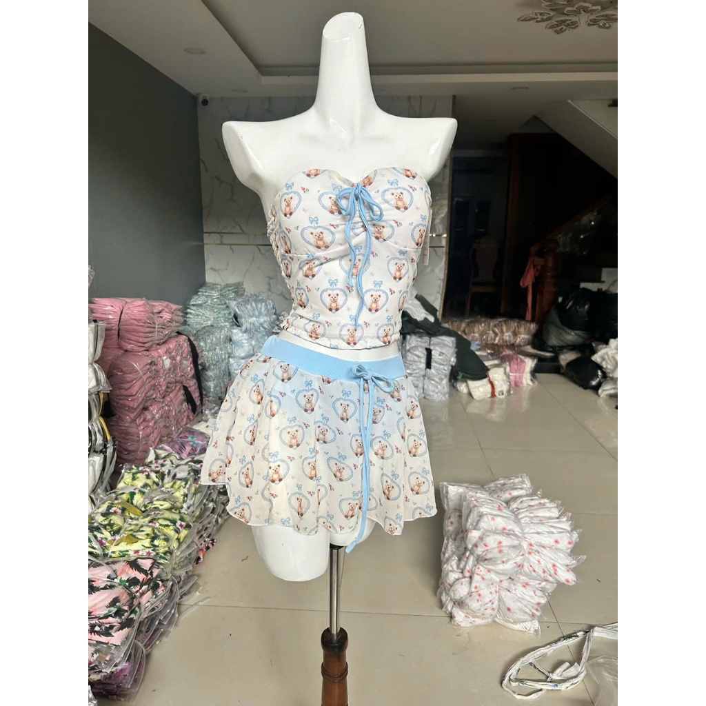 [CÓ SẴN] Set Bikini thun GẤU NHỎ Dáng Ôm có mút phối váy đi biển xinh xắn [BKN T01]