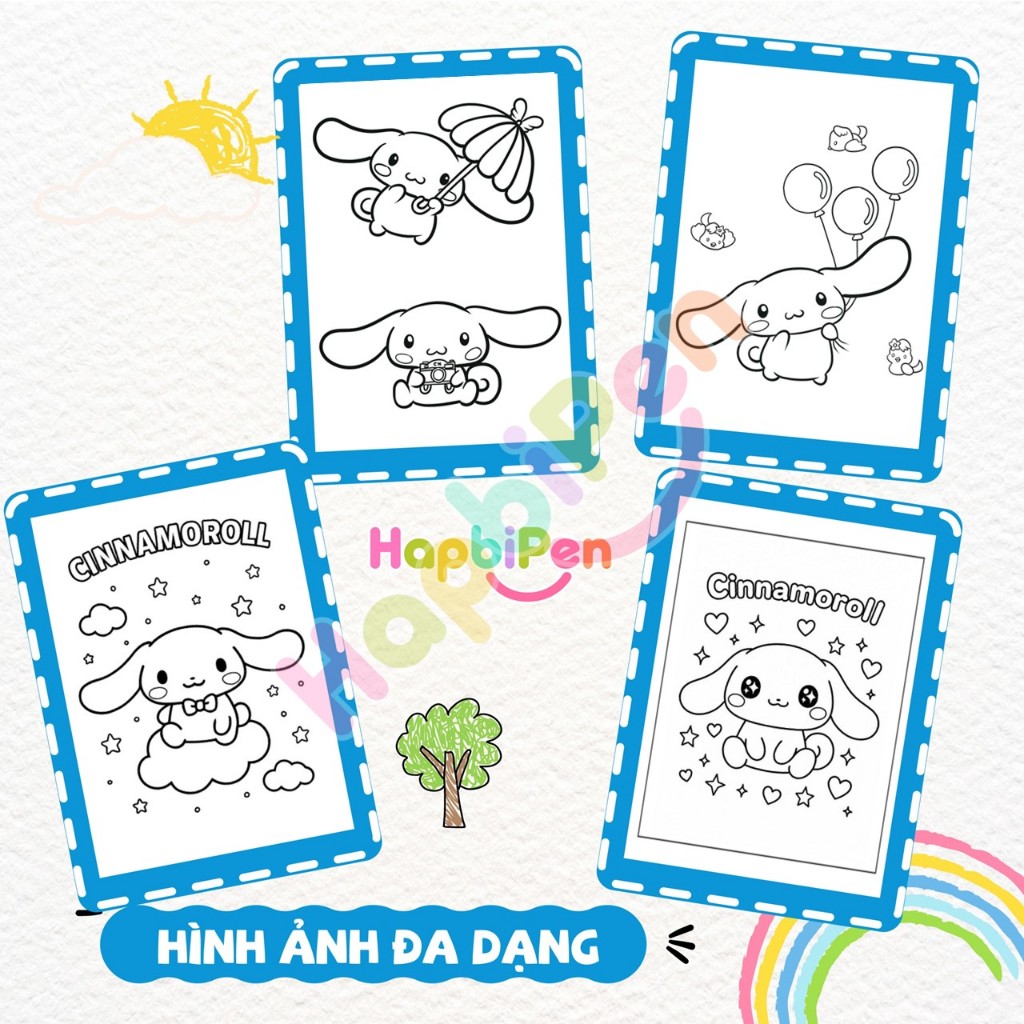 Bộ tranh tô màu Cinnamoroll cho bé tập vẽ 50 trang rời tờ A4 A5 với nhiều chủ đề về Cina TTM07