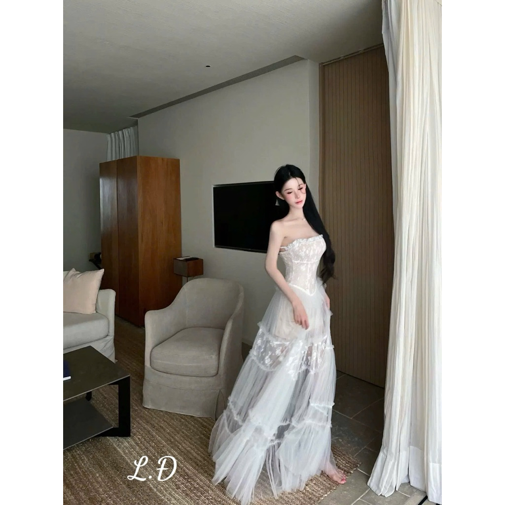 Đầm maxi tơ ren siu hot hai màu Trắng/hồng đi biển tiệc siêu xinh SM