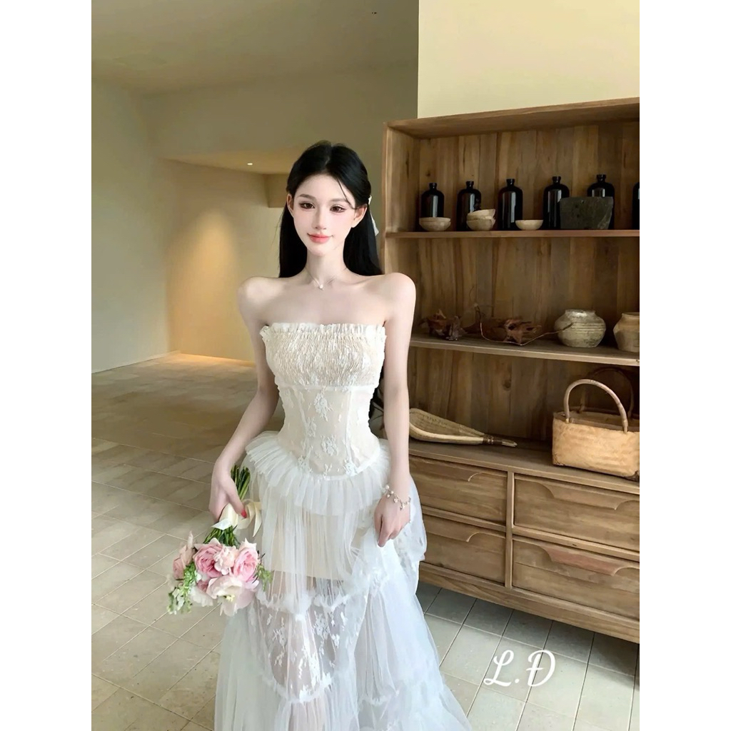 Đầm maxi tơ ren siu hot hai màu Trắng/hồng đi biển tiệc siêu xinh SM