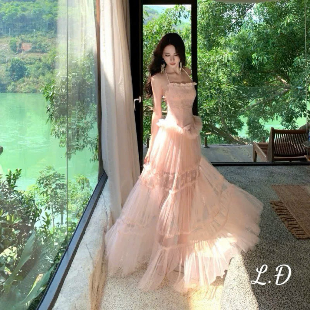 Đầm maxi tơ ren siu hot hai màu Trắng/hồng đi biển tiệc siêu xinh SM