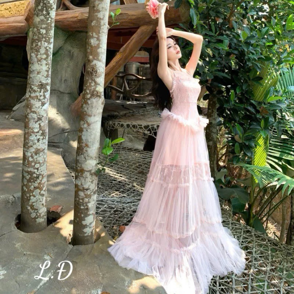 Đầm maxi tơ ren siu hot hai màu Trắng/hồng đi biển tiệc siêu xinh SM