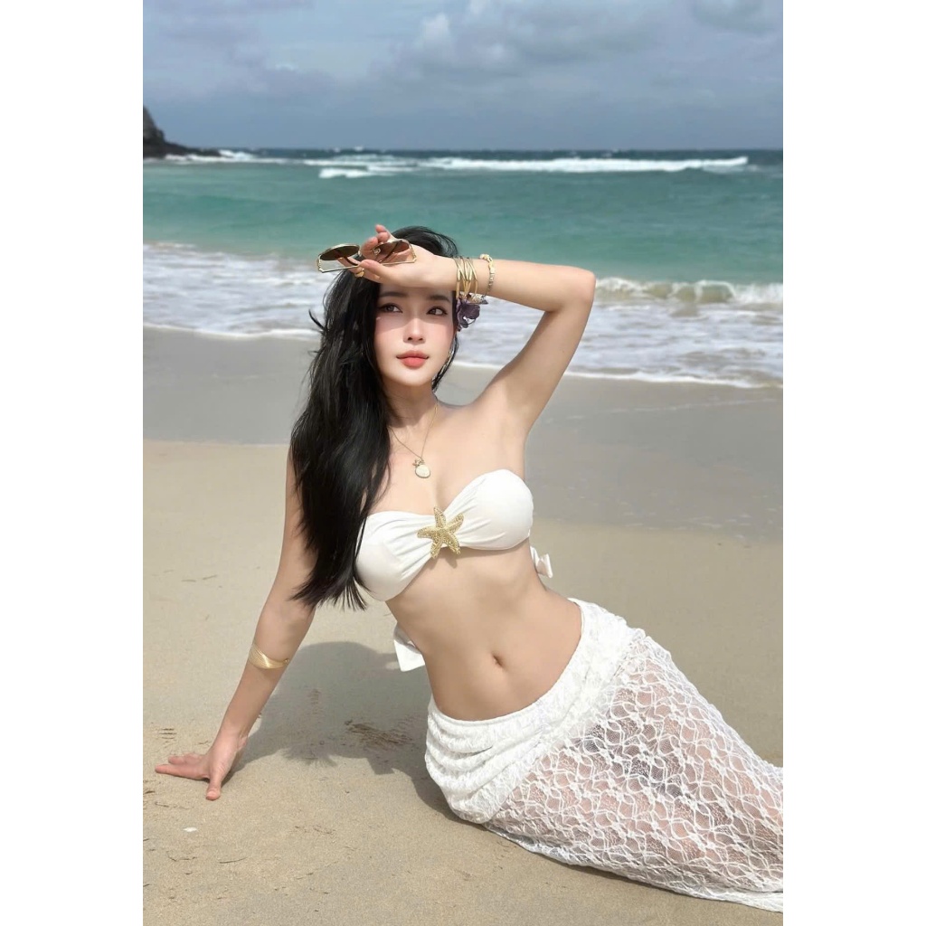 [SẴN HCM ]Bikini đi biển áo quây Kèm  SAO BIỂN + VÁY NHÚN ren đuôi cá sang chanh chảnh HAN.T SHOP [T02]