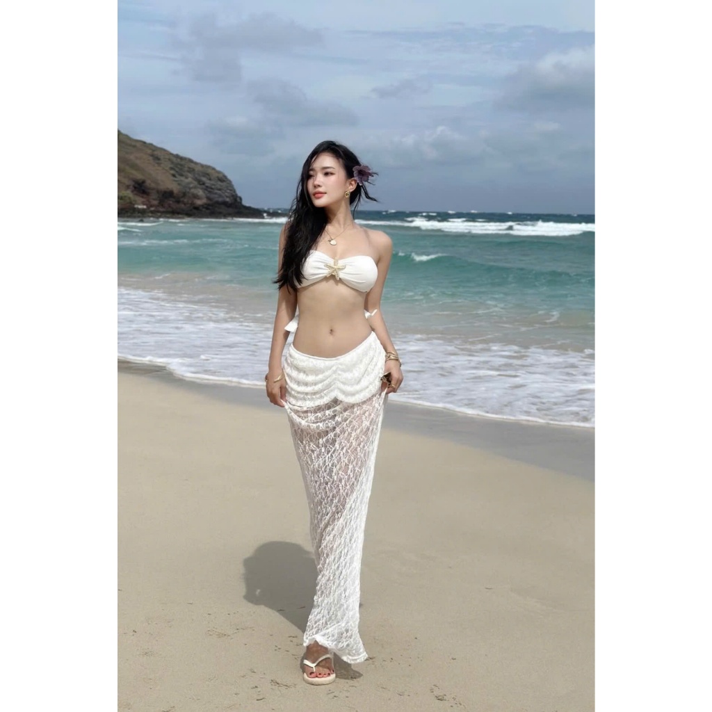 [SẴN HCM ]Bikini đi biển áo quây Kèm  SAO BIỂN + VÁY NHÚN ren đuôi cá sang chanh chảnh HAN.T SHOP [T02]