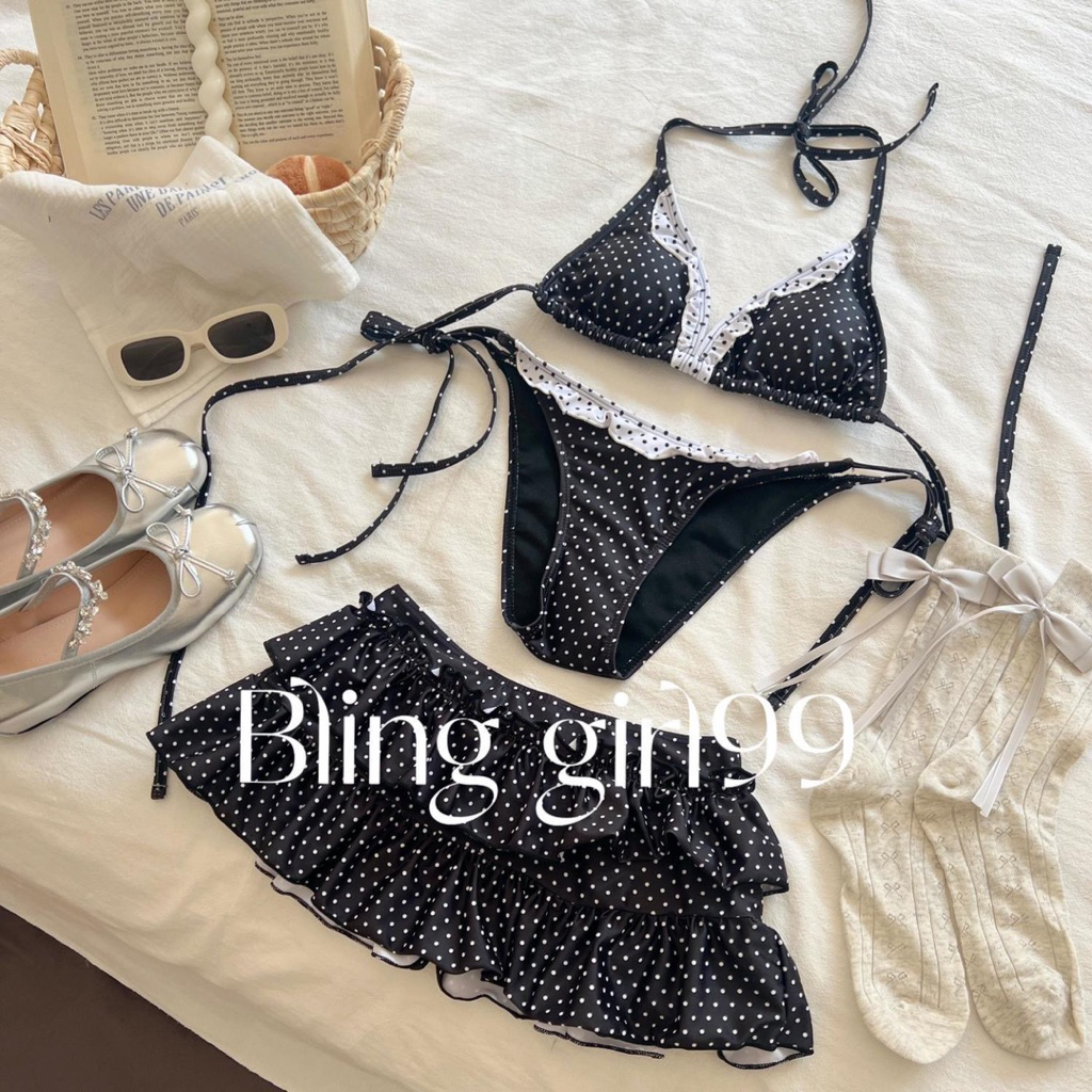 Set 2 Mảnh Chấm Bi 3 Chi Tiết Kèm Váy 2 Tầng Buộc Dây Và Có Đệm Mút❤️(order 7-15n)